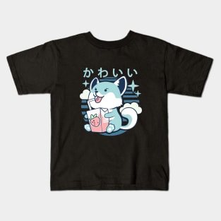 Kawaii Aesthetics Japanese Strawberry Milk Shake かわいい Fox - Blue - Strawberry Milk Kids T-Shirt
